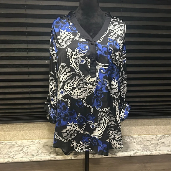 AB Studio Women’s Chain Print 3/4 Sleeve V-Neck Collarless Shirt Large - Picture 7 of 10